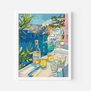 Ouzo nad morzem, obraz akrylowy, szczęśliwa galeria, dekoracja ścienna domku letniego, obraz Ouzo nad morzem, sztuka ścienna wózka barowego, grecka wyspa do druku