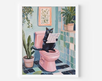 May include: A black cat sits on a pink toilet in a bathroom with blue and green tile. The cat is reading a newspaper titled "News Flash".