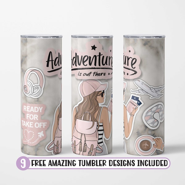 Travel Tumbler Wrap, Wanderlust Traveling Girl Summer Holiday Vacation, Seamless 20oz Skinny Tumbler Sublimation, PNG Download Seamless wrap