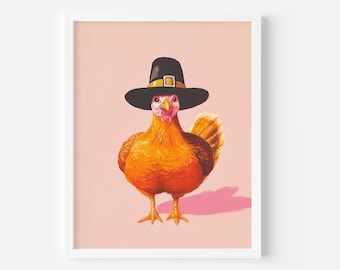May include: A cartoon illustration of a chicken wearing a black pilgrim hat with a gold buckle. The chicken is orange and has a pink beak and wattle. The background is a light pink.