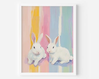 Impression d'art pour chambre de bébé lapins de Pâques : décoration printanière pastel (téléchargement numérique), poster lapin blanc