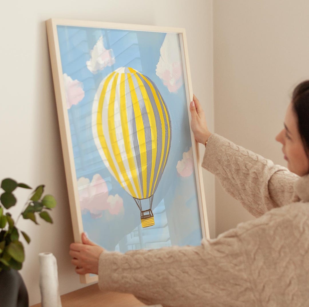 Yellow Hot Air Balloon Nursery Print: Vintage Cottagecore Wall Art ...