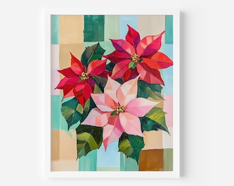 May include: A painting of three poinsettia flowers in shades of red and pink. The flowers are arranged in a bouquet and are set against a background of abstract geometric shapes in shades of green, blue, and brown.