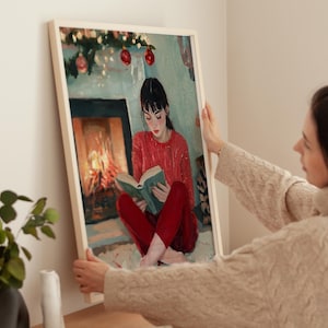 Girl with Book Art, Cozy Christmas Reading Nook Poster, Winter Home Decor, Digital Download, Preppy Christmas Room Decor, Girly Winter Print