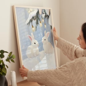Christmas Bunny Print, Winter Printable, Christmas Wall Art, Holiday Wall Decor, Rabbit Painting, Digital Art Download, Winter Nursery Decor