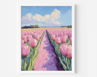 パステル画によるチューリップ畑の絵画：春の風景画（デジタル