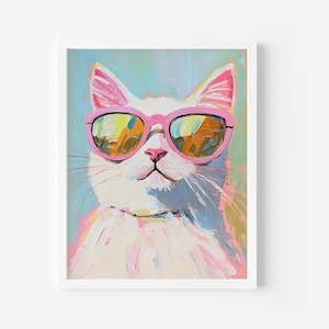 Coole kat muurkunst, kat met zonnebril print, leuke kinderkamer decor, digitale download, kinderkamer kunst, grappige kat poster, fashion kattenkunst