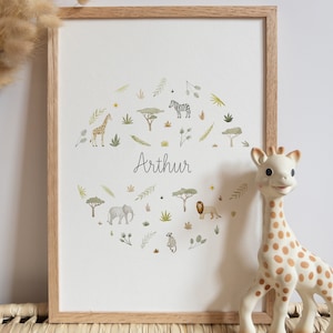 Personalized birth poster - Savannah - Animals - Birth gift - Watercolor - Children's room - Decoration