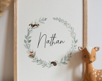 Affiche naissance personnalisée - Couronne Animaux Foret - Cadeau naissance - Aquarelle - Chambre enfant - Décoration