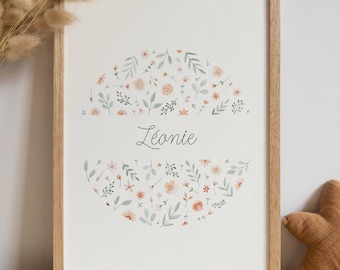 Póster de anuncio de nacimiento personalizado - Flores - Regalo para bebé - Acuarela - Guardería - Decoración