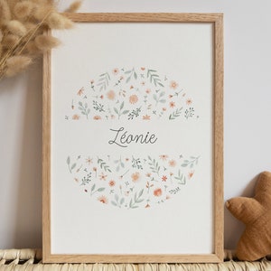 Affiche naissance personnalisée - Fleurs - Cadeau naissance - Aquarelle - Chambre enfant - Décoration
