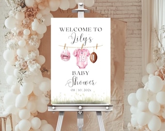 Girl Football Baby Shower Welcome Sign, Pink Sports Theme (Instant Download)