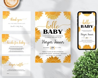 Ein kleiner Sonnenstrahl-Babyparty-Einladung, Printable Boho Sun Sprinkle Invite, Gender Neutral, Here Comes The Sun, Sonnenblumen, D009