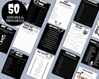 May include: A collection of 50 editable and printable baby shower games. The games have a black and white theme with skeleton hand and baby-related graphics. Games include Baby A to Z, Baby Memory Game, and Baby Trivia.