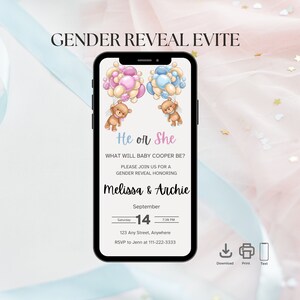 Invitación para revelar el género de un osito de peluche (él o ella) Plantilla de Evite Descarga digital Editable Canva Invitación Tema de oso lindo Texto para revelar baby shower