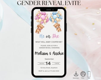 Teddy Bear Gender Reveal Invitation He or She Evite Template Digital Download Editable Canva Invite Cute Bear Theme Baby Shower Reveal Text