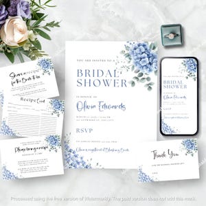 Blue Hydrangea Bridal Shower Invitation, Bundle, Dusty Blue Wedding Shower Invite, Instant Download, Editable, Printable, Dusty Blue Evite