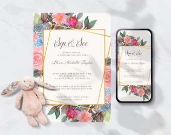 Floral Sip and See Invitation, Baby Meet and Greet (Digital Download)
