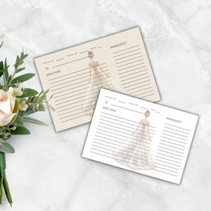 Receptkaart trouwjurk, afdrukbare kaart vrijgezellenfeest, elegante aanstaande bruid keuken douche aandenken, direct downloaden, bewerkbaar, Canva, W107