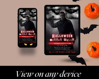 May include: A Halloween digital invitation displayed on a phone and tablet. The invitation shows a figure with a knife, the text "HALLOWEEN HORROR NIGHT", and event details. Decorative bats and pumpkins surround the devices.