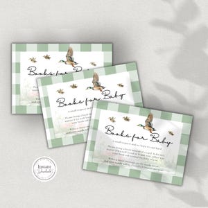 Wilde eend boek verzoekkaart, breng een boek mee babyshower invoegen, kleine jager, buiten rustiek thema, bewerkbaar, afdrukbaar, D150, D151