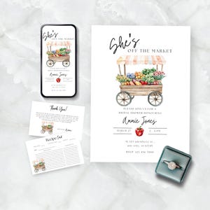 Lot d'invitations pour la douche nuptiale hors marché, carte de recette, merci, marché de producteurs, elle, frais, téléchargement immédiat, modifiable, W121