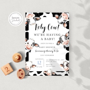 Holy Cow Baby Shower Invitation Editable Template 5x7 Funny Farm Theme Invite Cow Print Rustic Printable Digital Download Canva D146