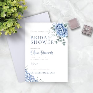 Blue Hydrangea Bridal Shower Invitation, Dusty Blue Wedding Shower Invite, Instant Download, Editable, Printable, Dusty Blue Evite, W122