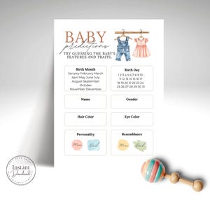 Tarjeta imprimible de predicciones de género para él o ella, de 5 x 7 pulgadas, para revelar el género o para baby shower, con detalles de adivinanzas para el bebé, actividad para fiestas, diseño lindo