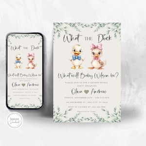 Waddle It Be Baby Duck Gender Reveal Einladung, was die Ente einladen, Babyparty, personalisiert, bearbeitbar, Evite, druckbar, Canva, Digital