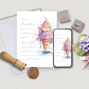 Shes Been Scooped Up Bridal Shower Invitation Ice Cream Theme Editable Canva Template Printable Invite and Evite Sweet Summer Shower W114