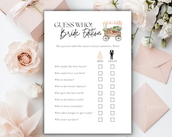 May include: A white bridal shower game card with the text "GUESS WHO! Bride Edition". The card includes questions to be answered about the bride and groom, with check boxes. A watercolor illustration of a flower cart is at the top.