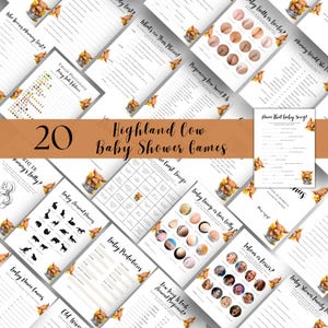 Giochi per baby shower a tema mucca delle Highlands, pacchetto Holy Cow, genere neutro, stile boho rustico, modificabili, stampabili, download digitale, modello Canva, D139