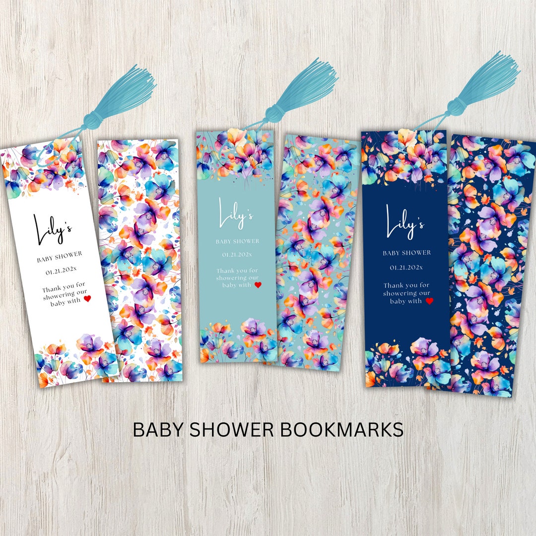 Baby Shower Bookmarks, Blue Watercolour Floral Shower Favors, Bookmark ...