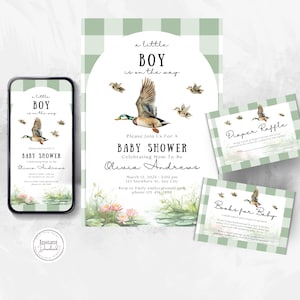 Stockenten-Enten-Babyparty-Einladungspaket, Jungen-Baby-Entenjagdbücher für Baby, geschlechtsneutral, Windelraffle-Einlegekarte, bearbeitbar, D150