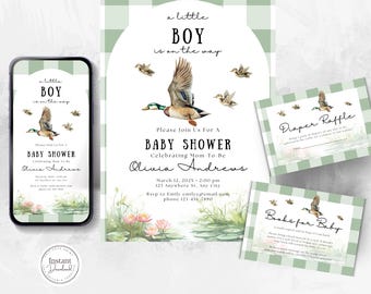 Mallard Duck Baby Shower Invitation Bundle, Rustic Watercolor (Editable Canva Template)