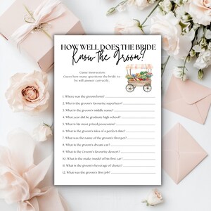How Well Does the Bride Know the Groom Game Printable 5x7 Bridal Shower Activity Rustic Wedding Trivia Off the Market Theme Card W121