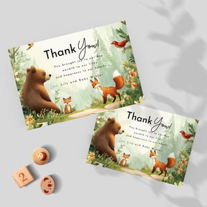 Biglietti di ringraziamento per baby shower nel bosco, biglietto di ringraziamento per animali del bosco, DOWNLOAD IMMEDIATO, stampabile, modificabile, modello Canva, foresta, D132