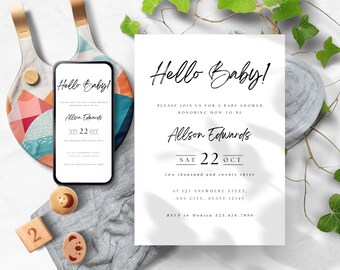 Hello Baby Minimalistic Invitation, Modern Black and White Invite,  Printable, Gender Neutral, INSTANT DOWNLOAD, Evite, Canva Template, D04