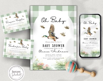 Mallard Duck Baby Shower Invitation Bundle, Rustic Theme (Editable Canva Template)