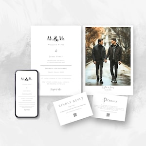 Invito a nozze dello stesso sesso, Mr e Mr Invite, Canva, Codice QR RSVP, Modello foto, Matrimonio gay, Download istantaneo, Stampabile, Minimal, G101