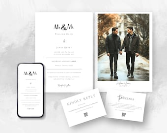Mr. and Mr. Minimalist Wedding Invitation with Photo, QR Code RSVP (Digital Download)