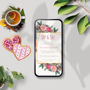 Digtial Invitation for Sip and See, Floral Meet and Greet Baby Shower Evite Template, Editable, Instant Download, Printable, Text, Email
