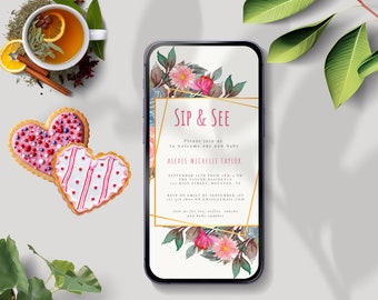 Floral Sip and See Invitation, Meet and Greet Evite Template (Digital Download)