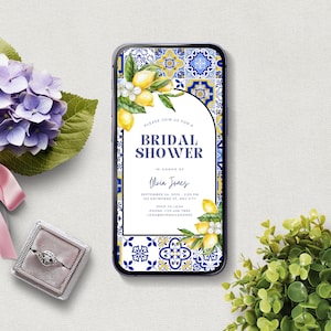 Mediterranean Bridal Shower Evite, Blue Tile and Lemon Phone Invitation, Digital Download, Lemon Wedding Shower Smartphone Invitation, W110