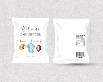 Plantilla personalizada para bolsa de papas fritas de baby shower de fútbol (descarga digital)