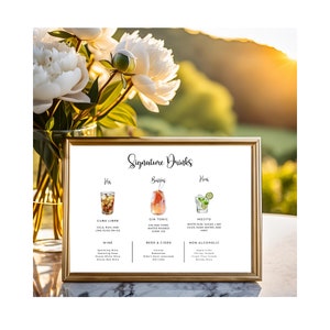 Wedding Reception Signature Drink Signs, His Hers Ours Bar Cocktail Sign with Photos, Bride and Groom, Printable, Instant Download, Canva