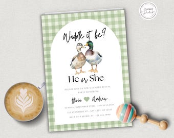 Mallard Duck Gender Reveal Invite, Waddle It Be, Pregnancy Invitation, He or She, Printable Party Template, Instant Download, Editable