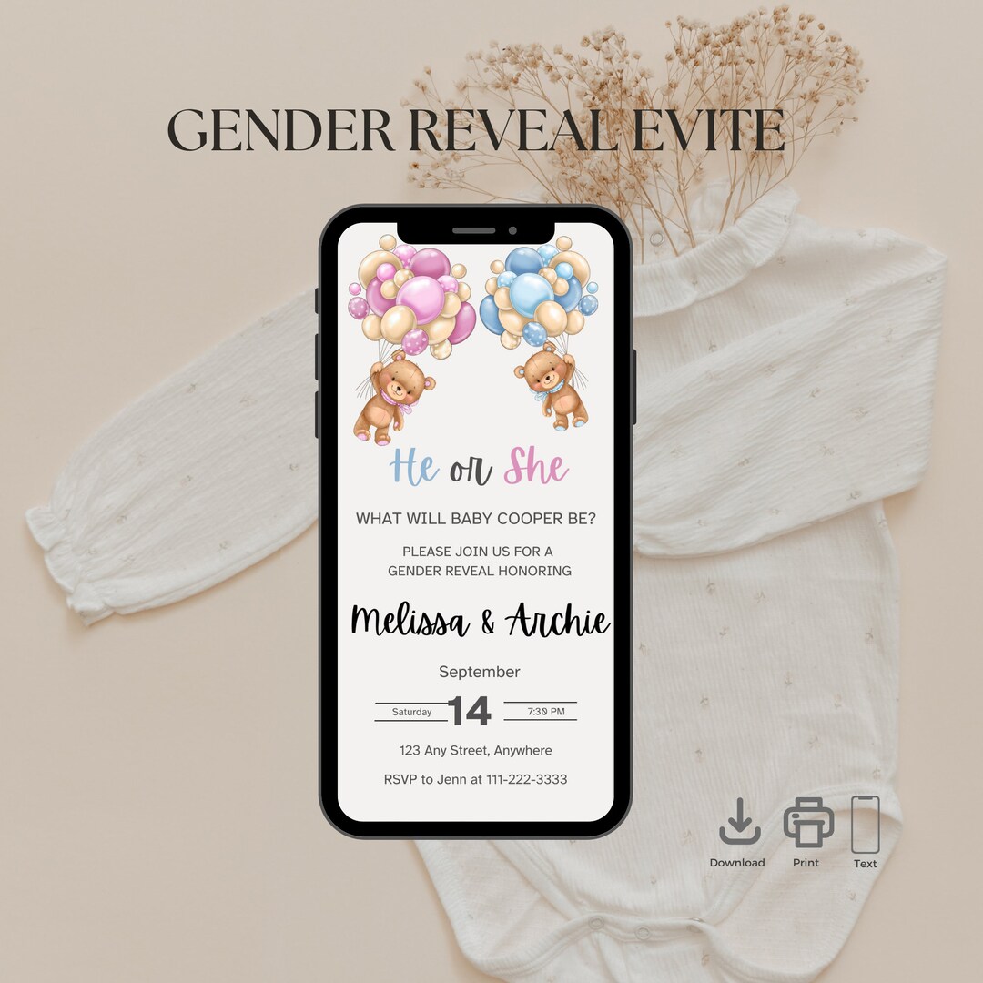 Gender Reveal Invitation Evite Gender Reveal Evite Template Etsy