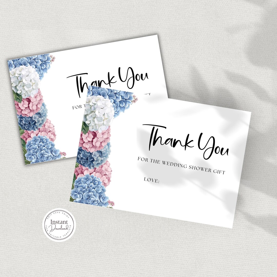 Blue Hydrangea Thank You Card, Editable Floral Template (digital ...